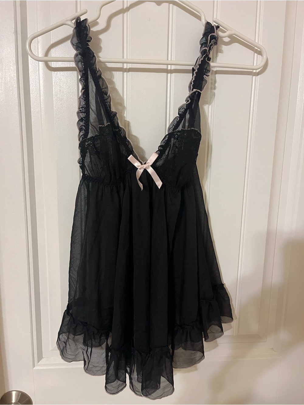 Sheer Black Ruffle Babydoll with Pink Bow